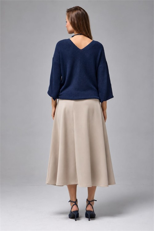Wholesale Womens Navy Relaxed-Fit Mercerized Knit Sweater with Front and Back V-Neck