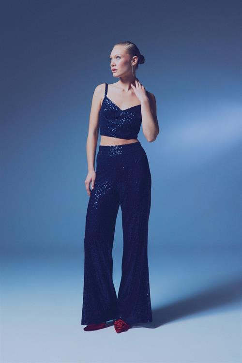 Wholesale Womens Navy Sequined Loose-Fit Trousers