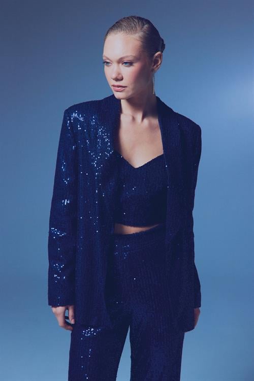 Wholesale Womens Navy Sequined Loose-Fit Blazer