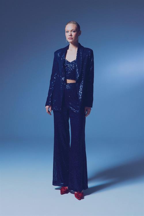 Wholesale Womens Navy Sequined Loose-Fit Blazer