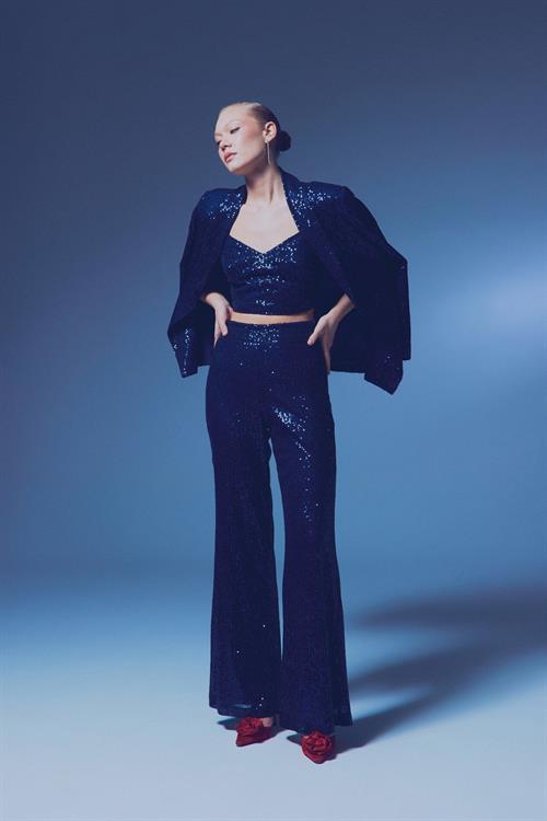 Wholesale Womens Navy Sequined Loose-Fit Trousers