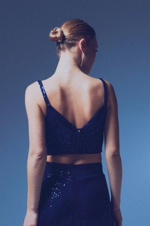 Wholesale Womens Navy Sequined Strappy Crop Top