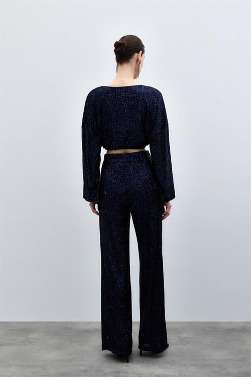 Wholesale Womens Navy Sequined Trousers with Belt