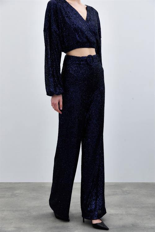 Wholesale Womens Navy Sequined Trousers with Belt