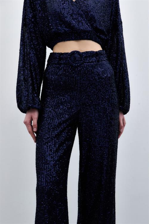 Wholesale Womens Navy Sequined Trousers with Belt