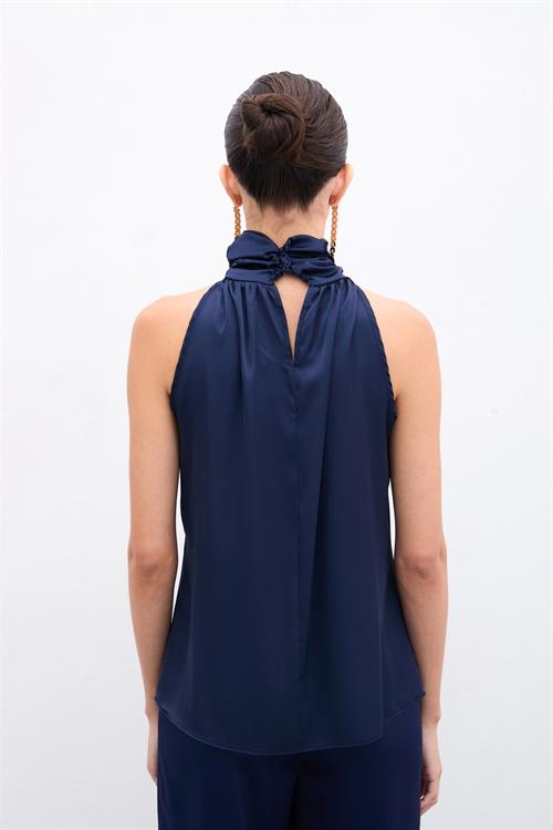 Wholesale Womens Navy Sleeveless Mock-Neck Blouse