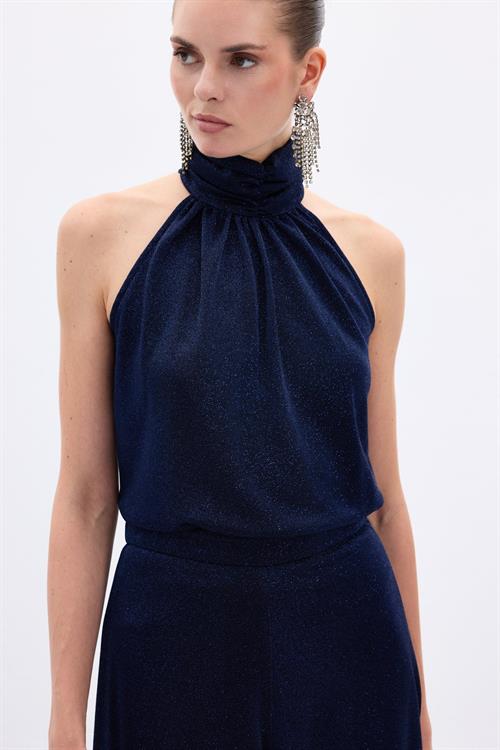 Wholesale Womens Navy Sleeveless Mock-Neck Lurex Blouse