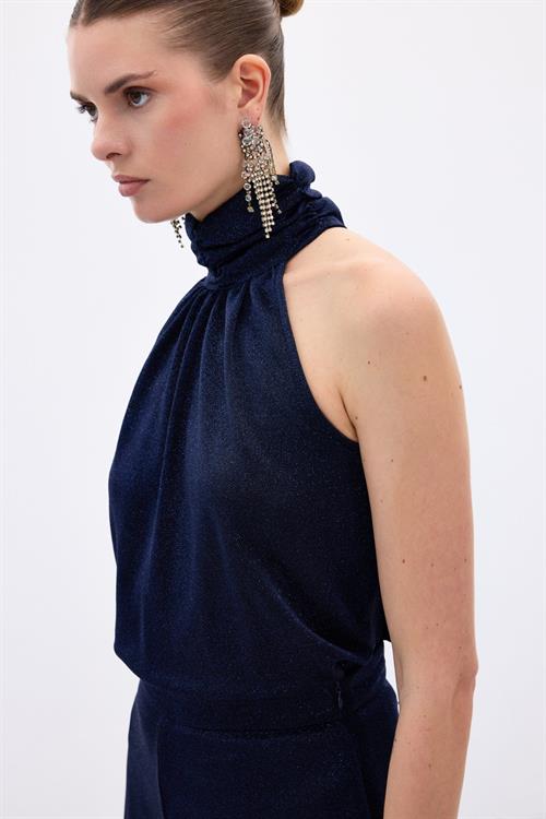 Wholesale Womens Navy Sleeveless Mock-Neck Lurex Blouse