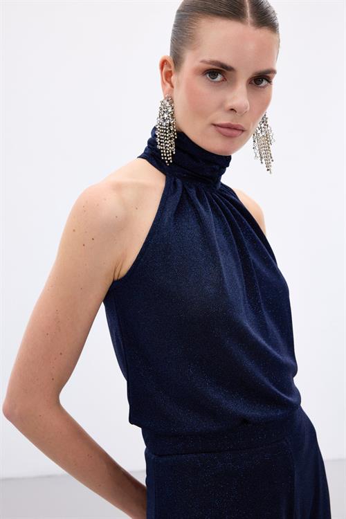 Wholesale Womens Navy Sleeveless Mock-Neck Lurex Blouse