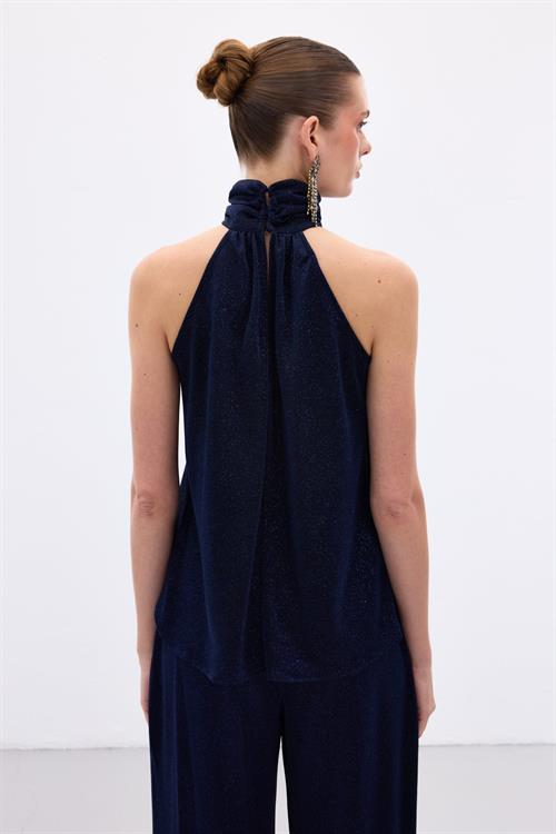 Wholesale Womens Navy Sleeveless Mock-Neck Lurex Blouse