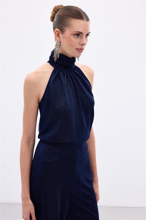 Wholesale Womens Navy Sleeveless Mock-Neck Lurex Blouse