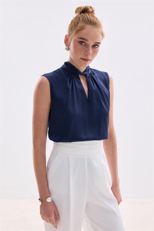Wholesale Womens Navy Sleeveless Mock-Neck Satin Blouse