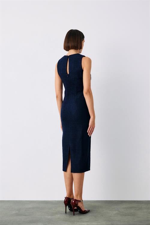 Wholesale Womens Navy Sleeveless Tweed Midi Dress