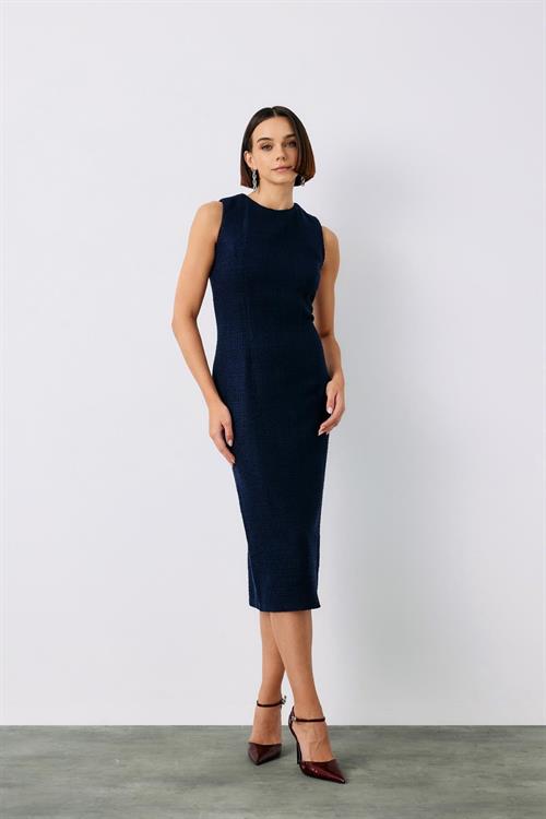 Wholesale Womens Navy Sleeveless Tweed Midi Dress