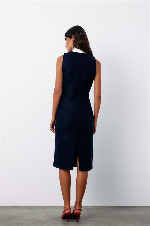 Wholesale Womens Navy Sleeveless Tweed Dress with Scarf