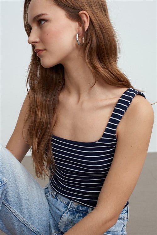 Wholesale Womens Navy Striped Top with Wide Straps