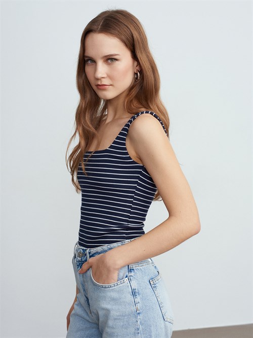 Wholesale Womens Navy Striped Top with Wide Straps