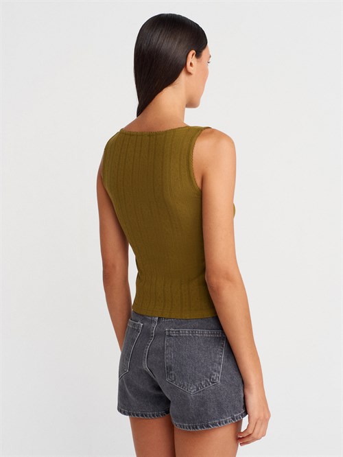 Wholesale Womens Olive Green Button-Front Square-Neck Top