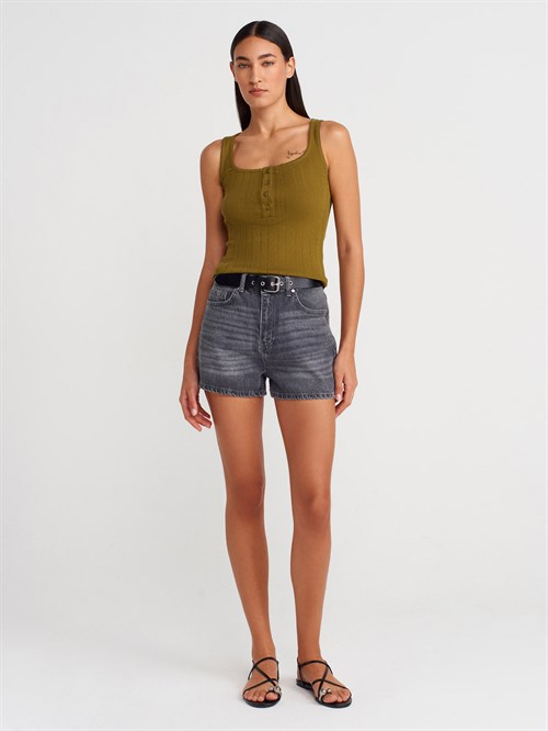 Wholesale Womens Olive Green Button-Front Square-Neck Top