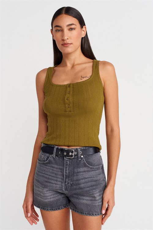 Wholesale Womens Olive Green Button-Front Square-Neck Top