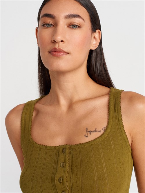 Wholesale Womens Olive Green Button-Front Square-Neck Top