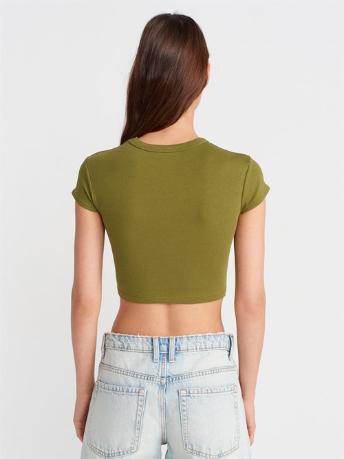 Wholesale Womens Olive Green Crew-Neck Crop T-shirt