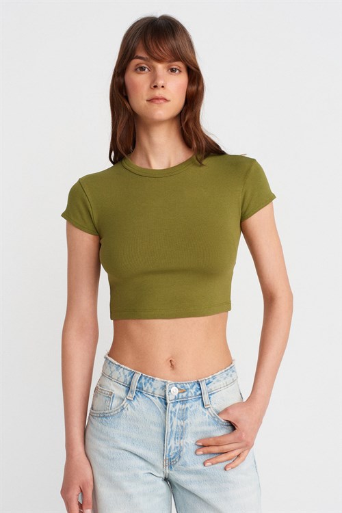 Wholesale Womens Olive Green Crew-Neck Crop T-shirt