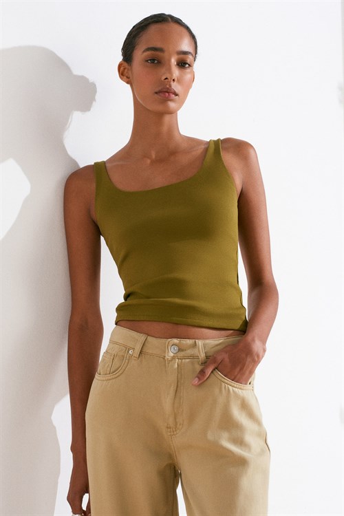 Wholesale Womens Olive Green Square-Neck Tank Top with Open Back