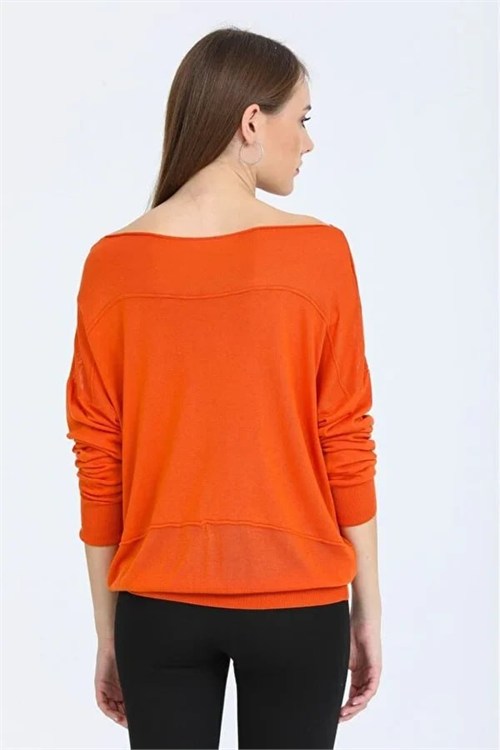 Wholesale Womens Orange Fine Knit Sweater with Boat Neck and Drop Shoulders
