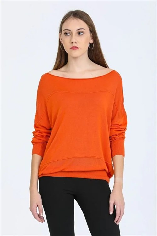 Wholesale Womens Orange Fine Knit Sweater with Boat Neck and Drop Shoulders