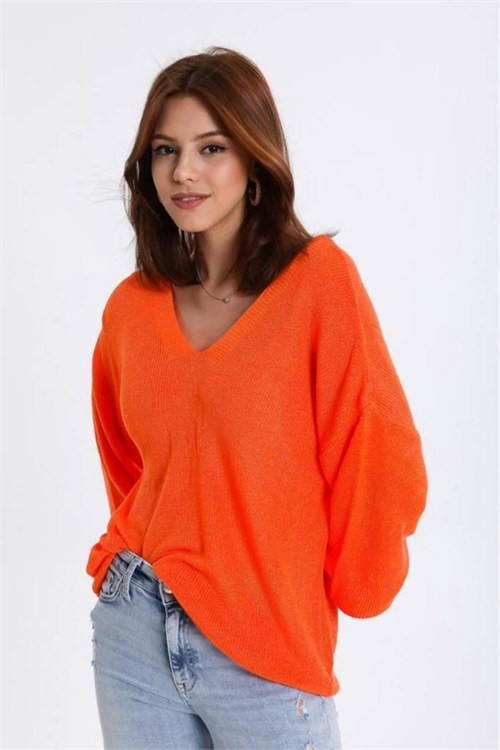 Wholesale Womens Orange Relaxed-Fit Mercerized Knit Sweater with Front and Back V-Neck