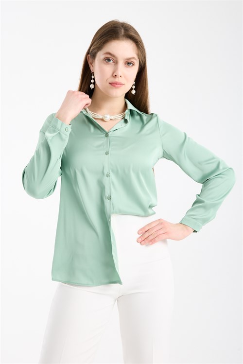 Wholesale Womens Pastel Mint Satin Long-Sleeve Shirt