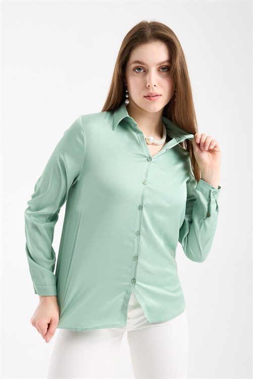 Wholesale Womens Pastel Mint Satin Long-Sleeve Shirt