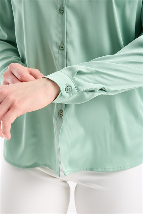 Wholesale Womens Pastel Mint Satin Long-Sleeve Shirt