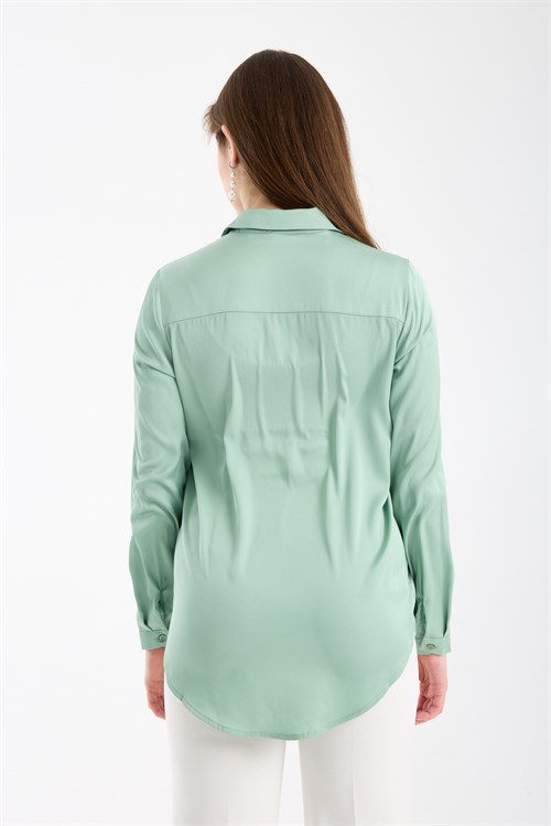 Wholesale Womens Pastel Mint Satin Long-Sleeve Shirt