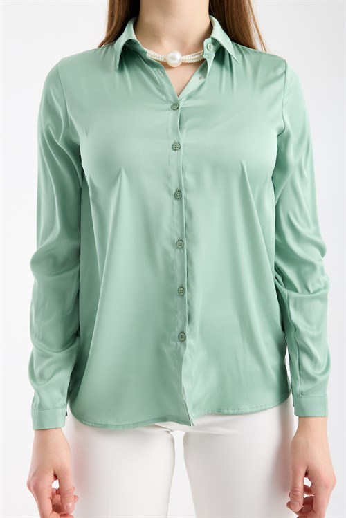 Wholesale Womens Pastel Mint Satin Long-Sleeve Shirt