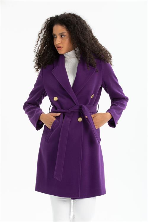 Wholesale Womens Petrol Gold Buttoned Belted Lapel Lined Coat
