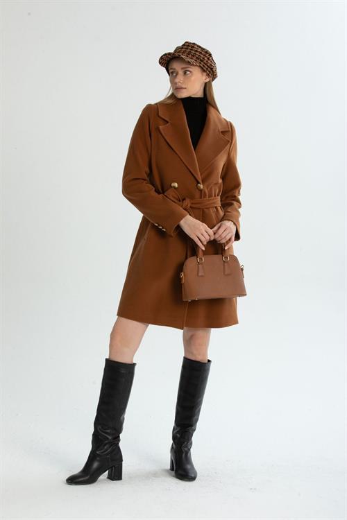 Wholesale Womens Petrol Gold Buttoned Belted Lapel Lined Coat