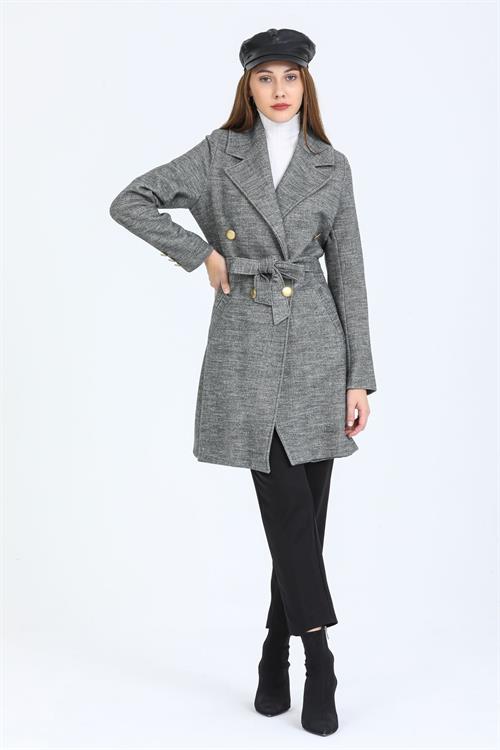 Wholesale Womens Petrol Gold Buttoned Belted Lapel Lined Coat