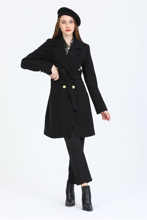 Wholesale Womens Petrol Gold Buttoned Belted Lapel Lined Coat