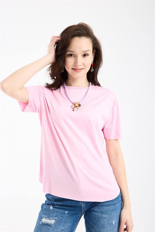 Wholesale Womens Pink Basic T-Shirt with Side Slits