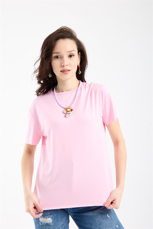 Wholesale Womens Pink Basic T-Shirt with Side Slits