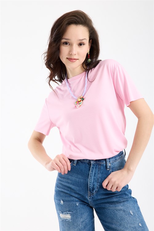 Wholesale Womens Pink Basic T-Shirt with Side Slits