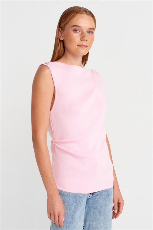 Wholesale Womens Pink Boat-Neck Draped Fine Knit Blouse