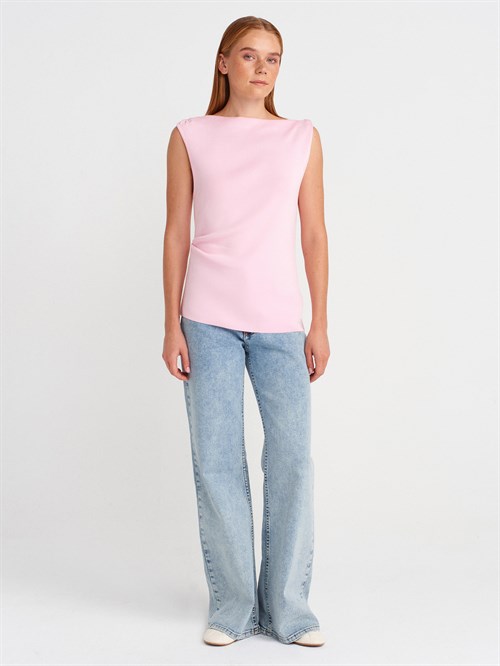 Wholesale Womens Pink Boat-Neck Draped Fine Knit Blouse