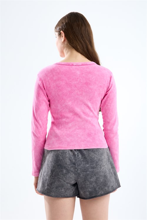 Wholesale Womens Pink Long-Sleeve Ribbed T-Shirt