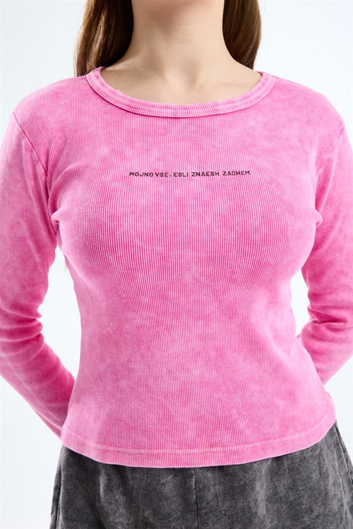 Wholesale Womens Pink Long-Sleeve Ribbed T-Shirt