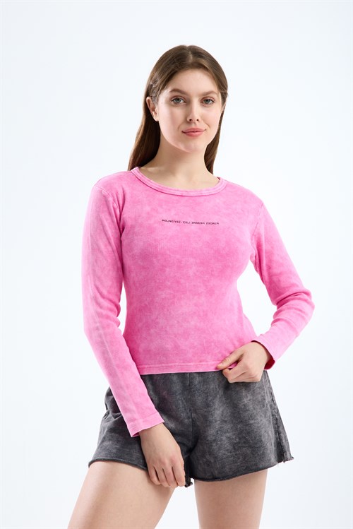 Wholesale Womens Pink Long-Sleeve Ribbed T-Shirt