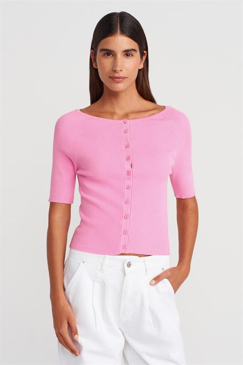 Wholesale Womens Pink Ribbed Buttoned Fine Knit Cardigan