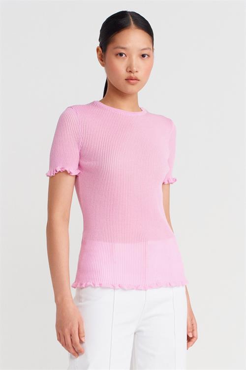 Wholesale Womens Pink Short-Sleeve Fine Knit Crew-Neck Blouse with Ruffled Trim